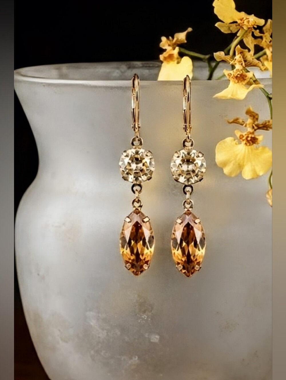 Natural Citrine 8.9 TCW Carats Marquise & Round In Gold Plated Drop Earrings